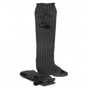 Socks/ Leg Warmers - 12 Pairs Knitted Leg Warmers w/ Drawstring Pompom - Dark Gray  - SK-F1005DGY